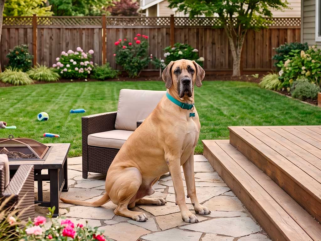 genera una imagen para el articulo de blog, que se vea real la imagen, no quiero texto en la imagen, relacion de aspectyo 4:3 sobre esta raza Great Dane: Living With a Gentle Giant ambientalo el patio de una casa en estados unidos
